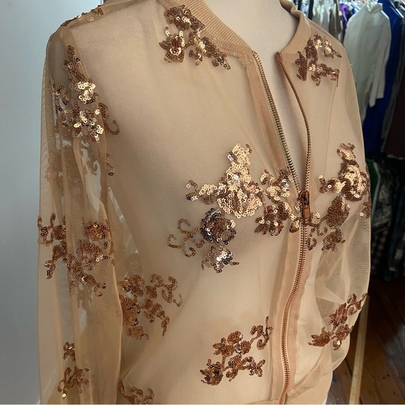 Windsor Tan Mesh Sequin Embellished Jacket Size S Gold Zipper Party Sparkle Fun - Picture 10 of 10